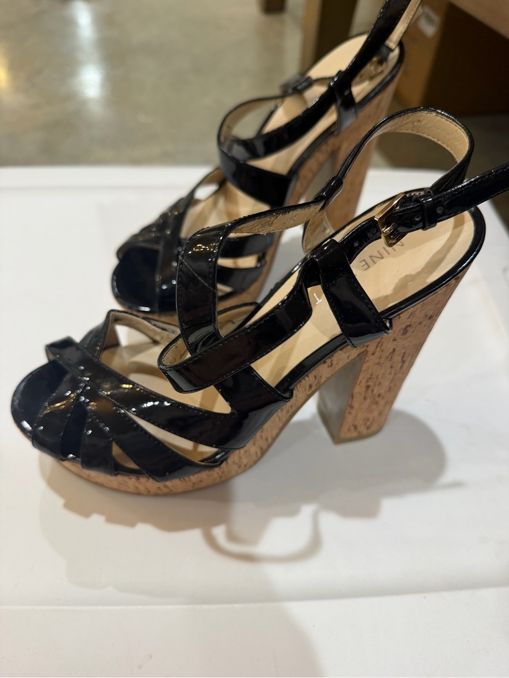 Nine West Black Patent Cork Platform High Heel Sandals
